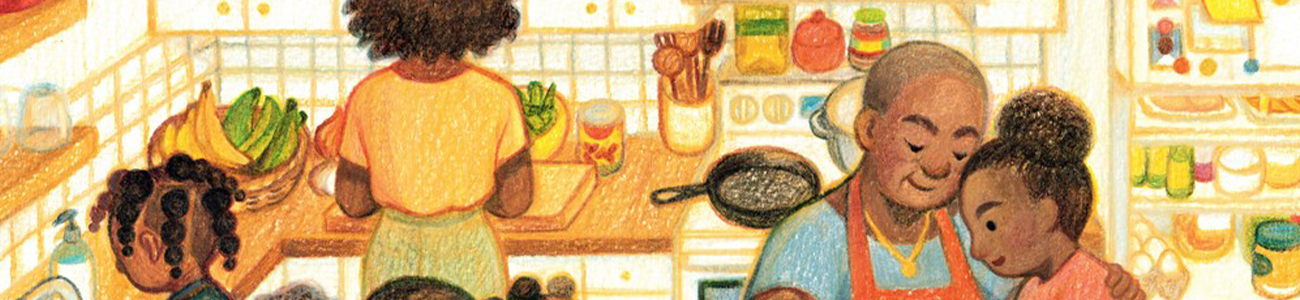 Children and a parent cooking together in a kitchen