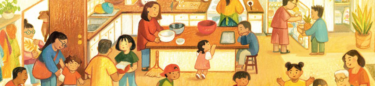 Children and families cooking and sharing a meal together