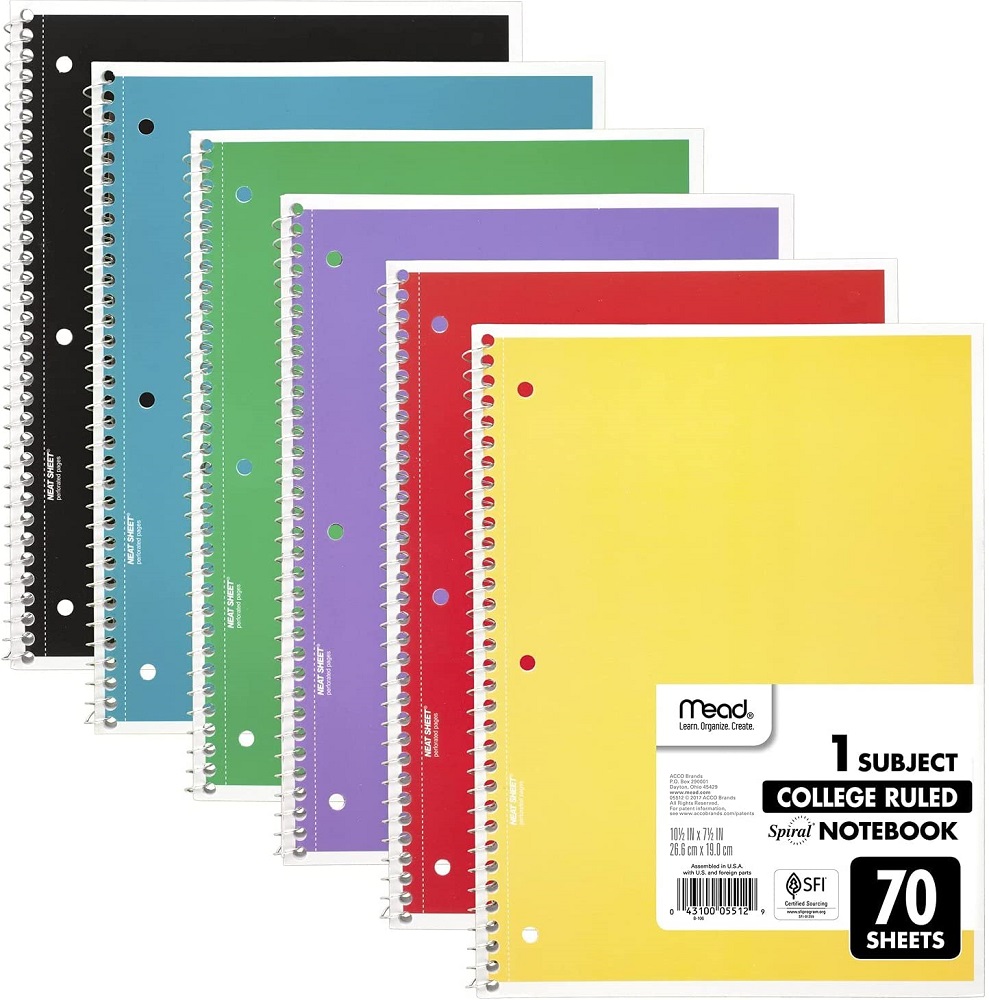 Notebook: Spiral, 70-Page, College Ruled, 1 Subject, Assorted Colors (Carton of 24)