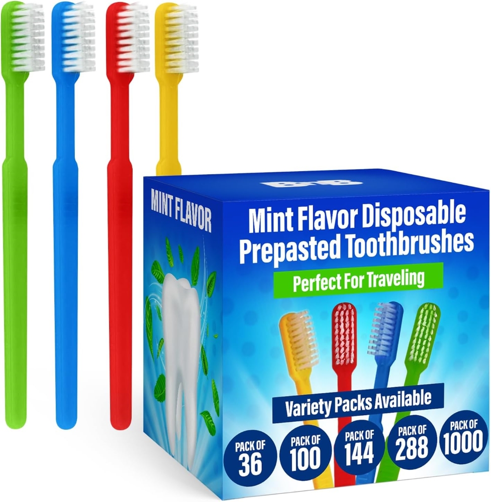 Adult Disposable Toothbrushes: Prepasted Mint Flavor (Carton of 144)