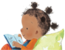 Illustration by Rosalind Bearshaw of Lola reading a book, taken from Lola Gets a Cat by Anna McQuinn.